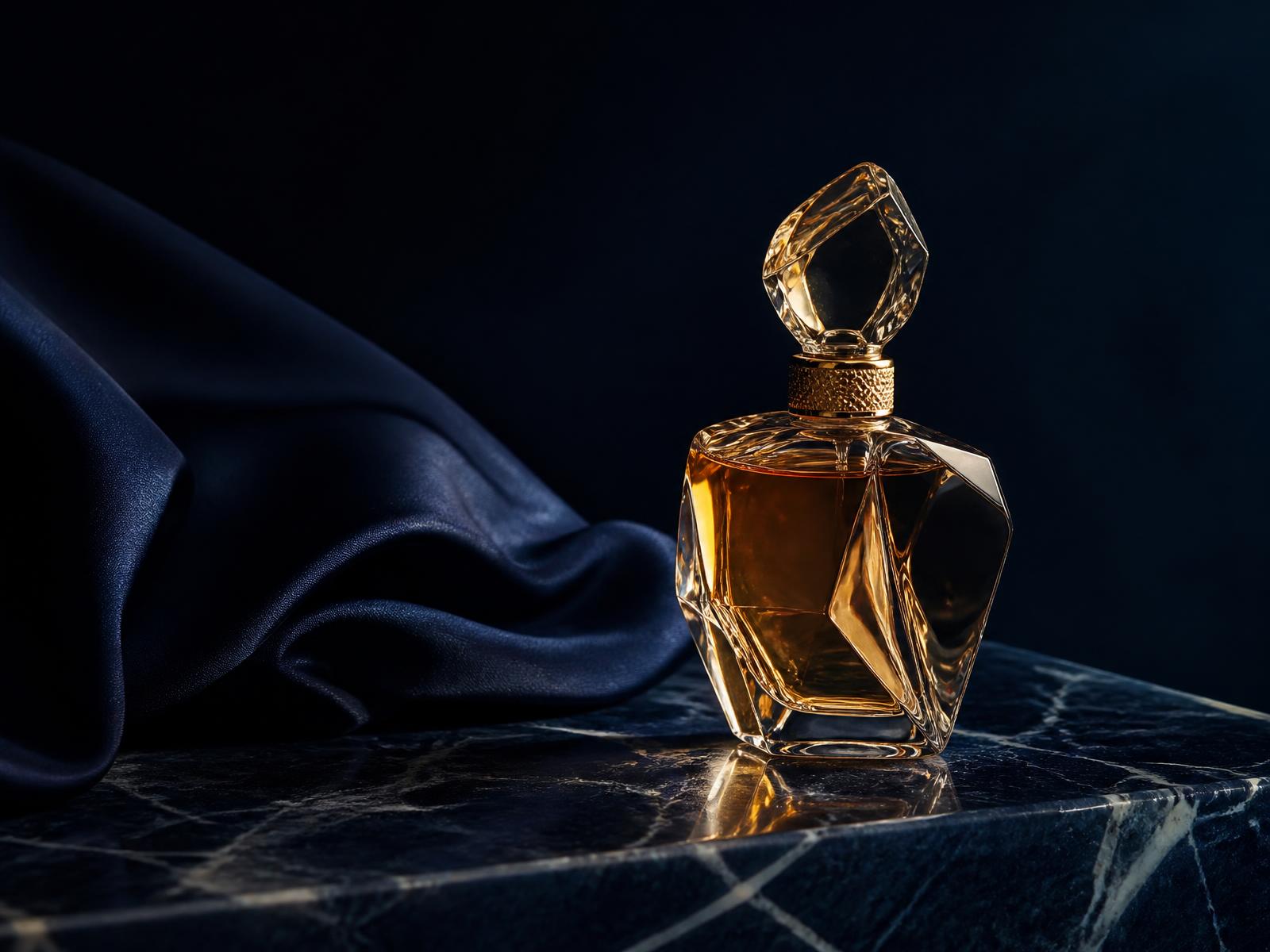 Crystal fragrance flacon on dark marble