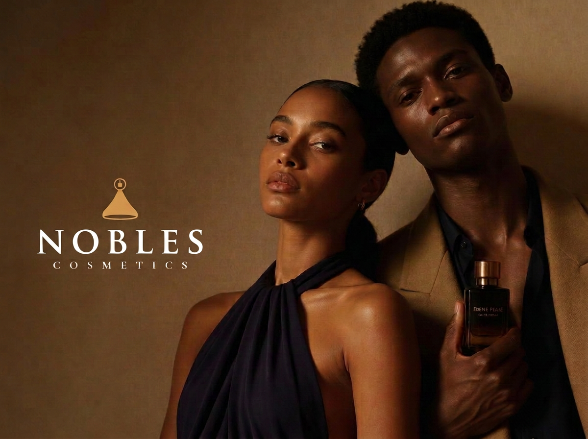 Nobles Cosmetics campaign portrait of two models with the Nobles logo